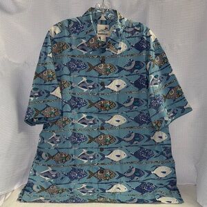 KAHALA Hawaiian Shirt Cotton Blue Pocket Fish Floral Sz XL